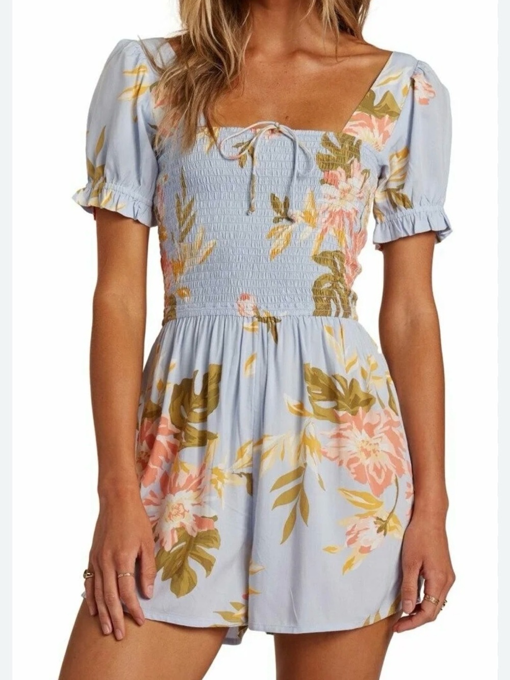 Billabong Light Blue Floral Smocked Romper